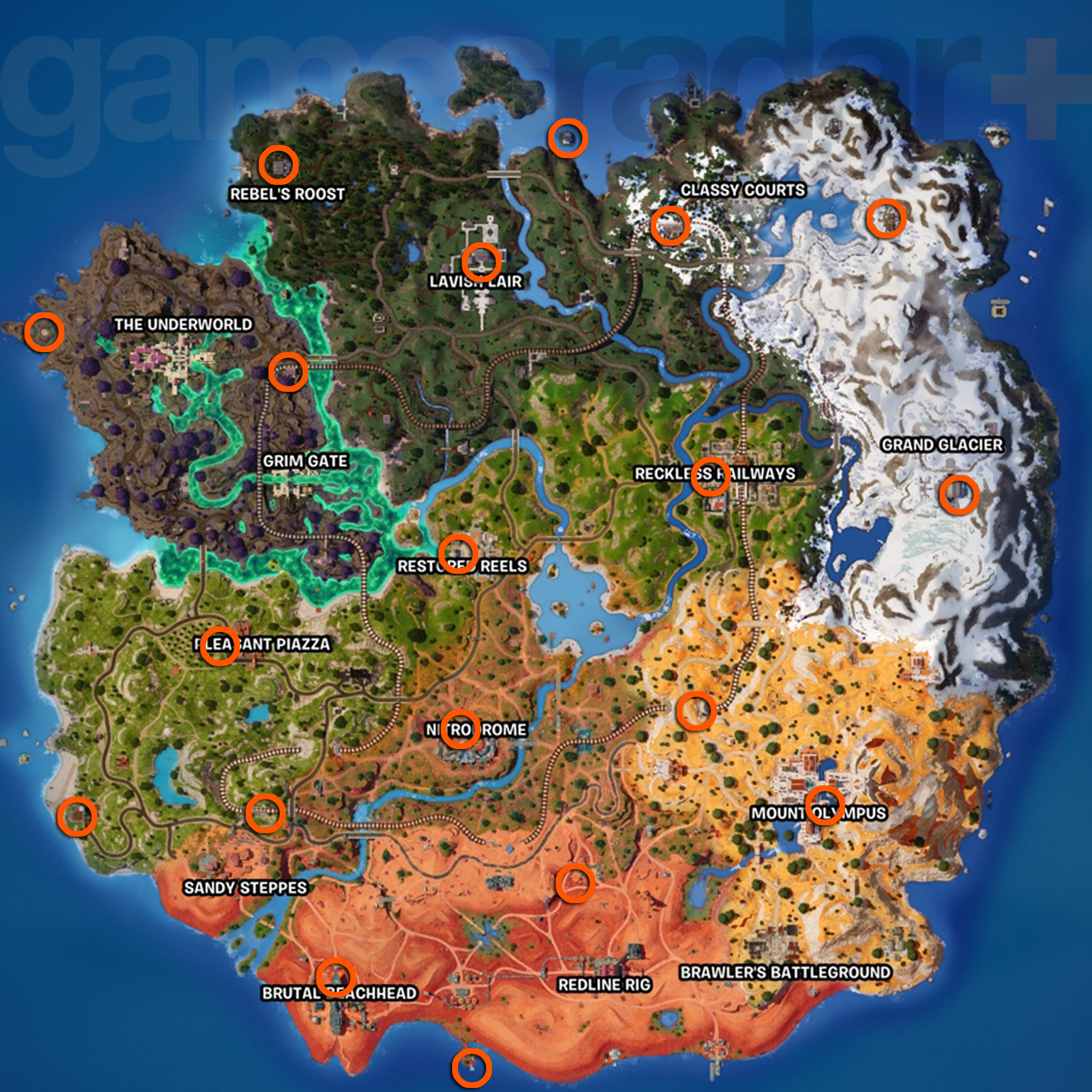 Mapa de localização do Raio do Fortnite
