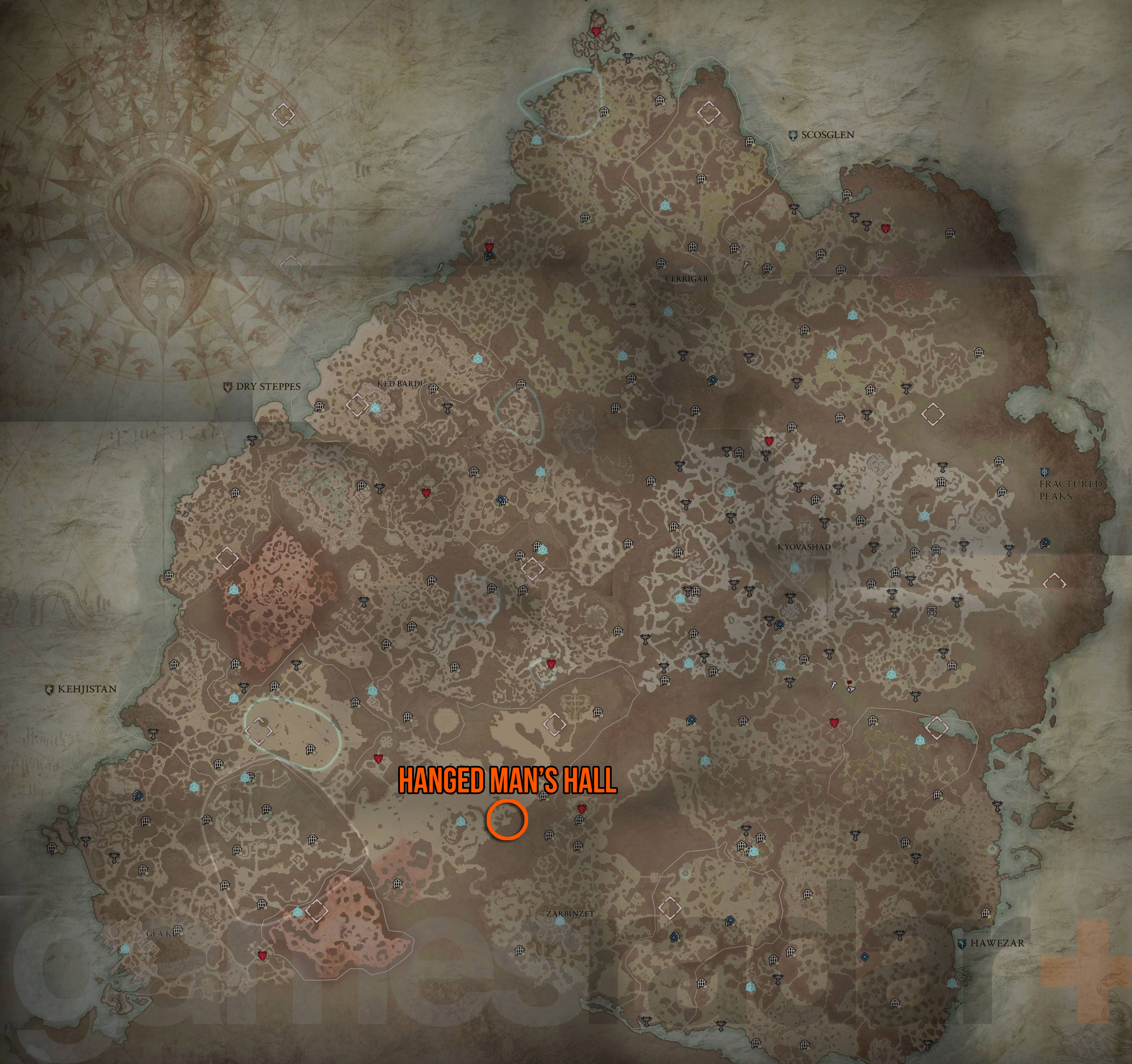 Carte de localisation de la salle des pendus de Diablo 4