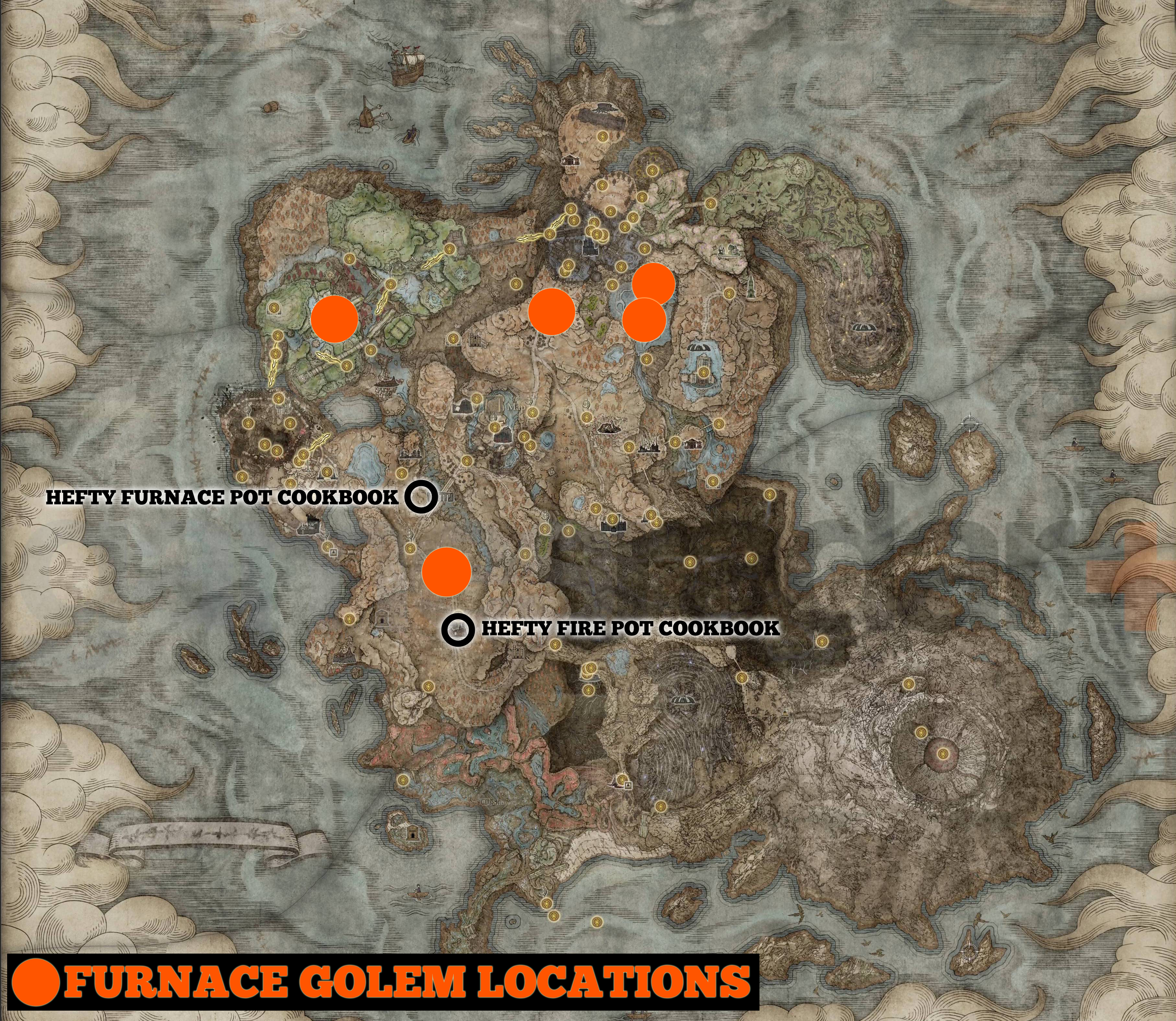 Elden Ring Shadow of the Erdtree'deki tüm Furnace Golem konumlarının bir haritası