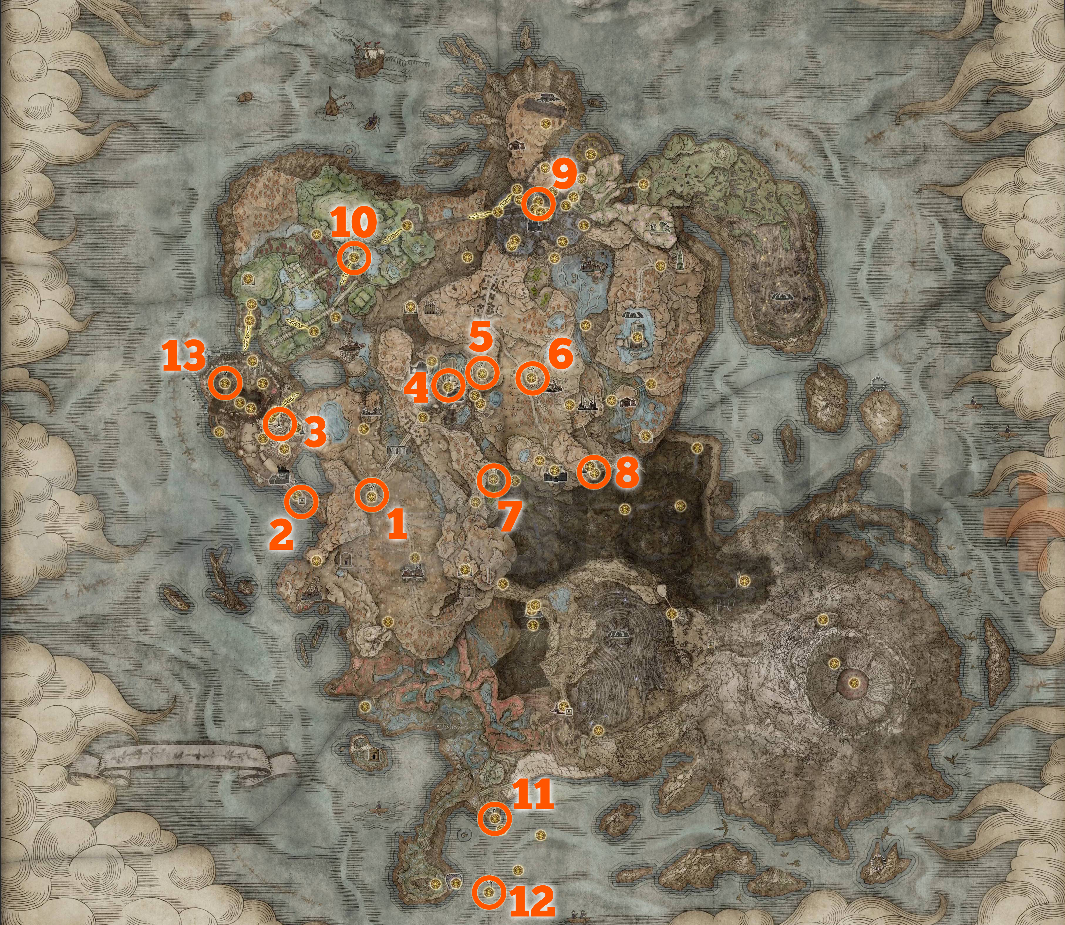 Um mapa mostrando a localização de todas as cruzes de Miquella em Sombras da Árvore de Erd.