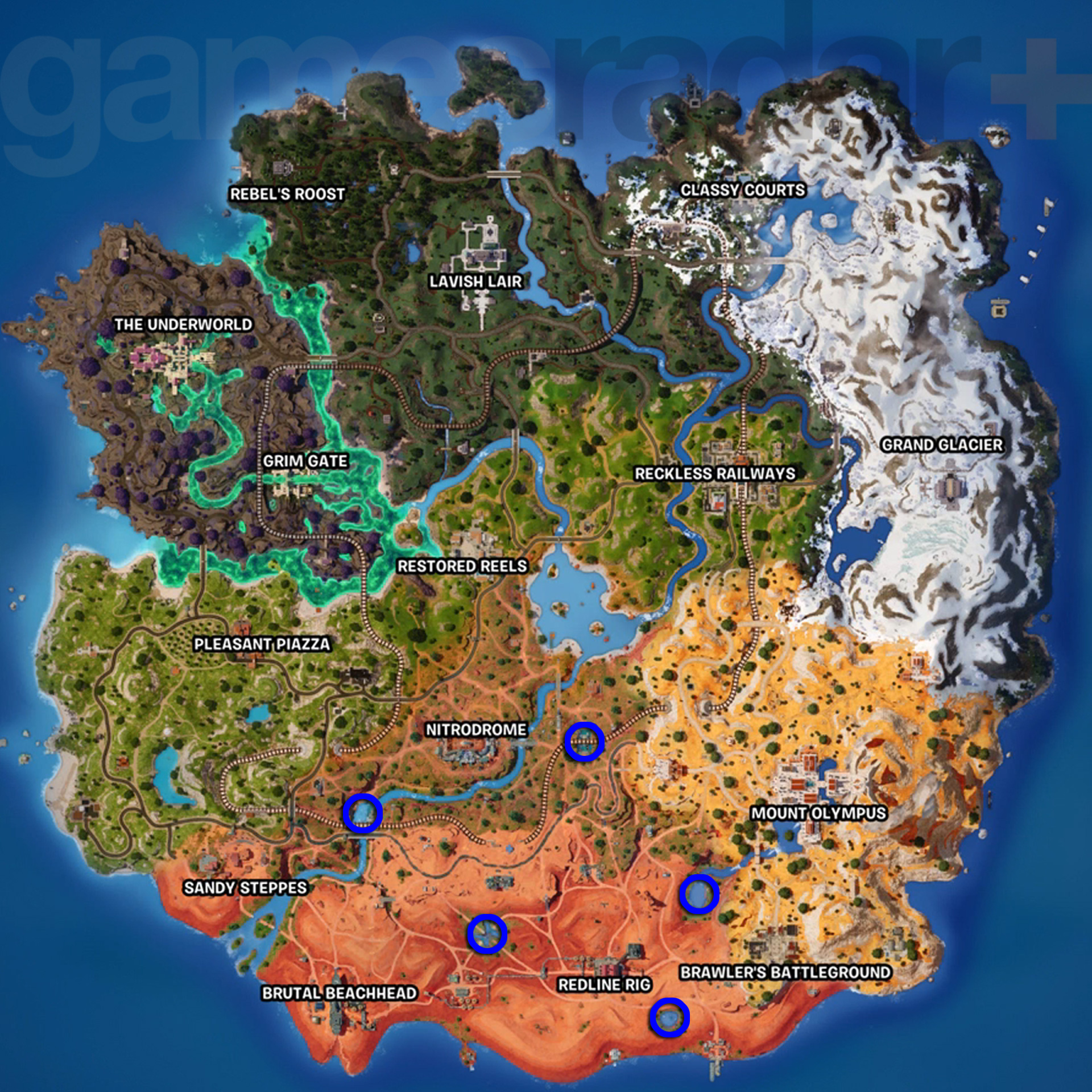 Mapa lokalizacji basenów Oazy w Fortnite