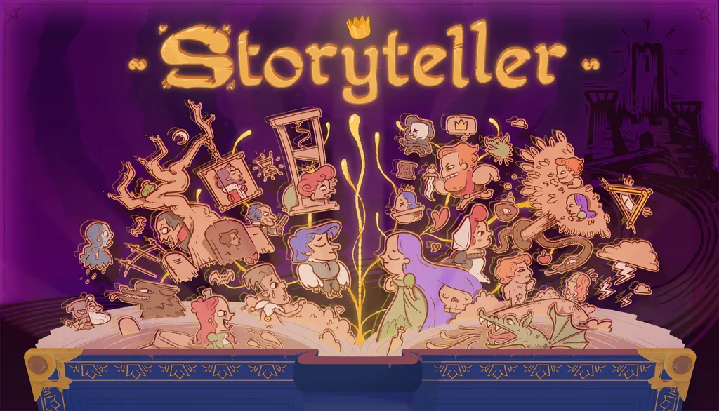 Storyteller Key Art mit Dutzenden von animierten Charakteren in einem malerischen Buch