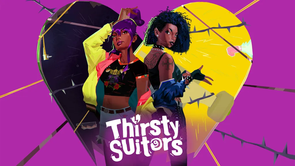 Stilvolles Thirsty Suitors-Schlüsselmotiv mit dem Logo des Spiels und zwei prominenten Charakteren