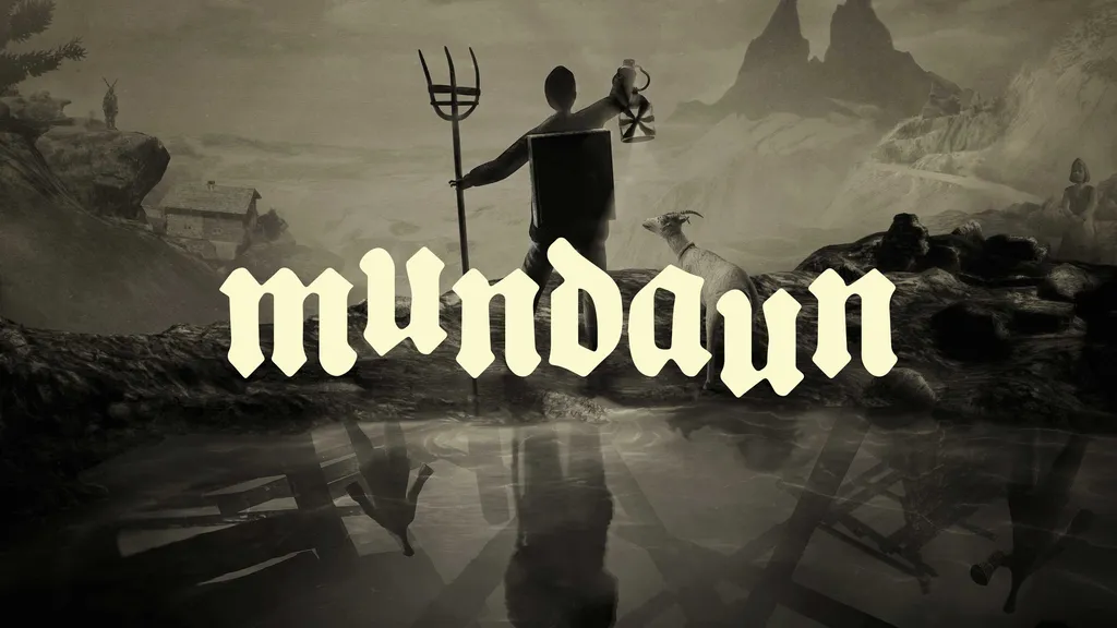 Mundaun Key Art mit einer verwirrenden Graustufenfigur und einem Hintergrund