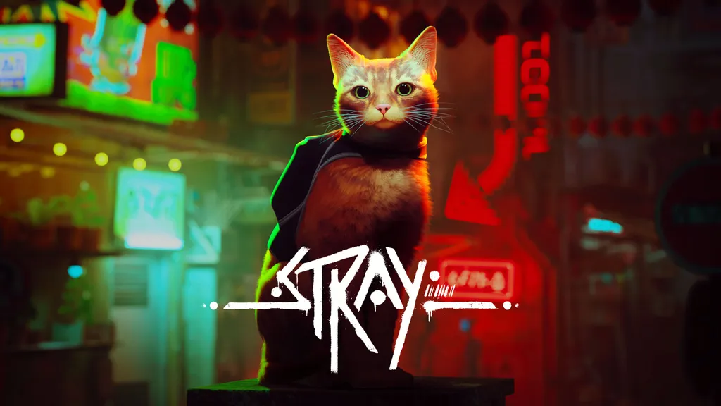 Stray Key Art mit der Katze in der Mitte vor einem cyberpunkigen Hintergrund