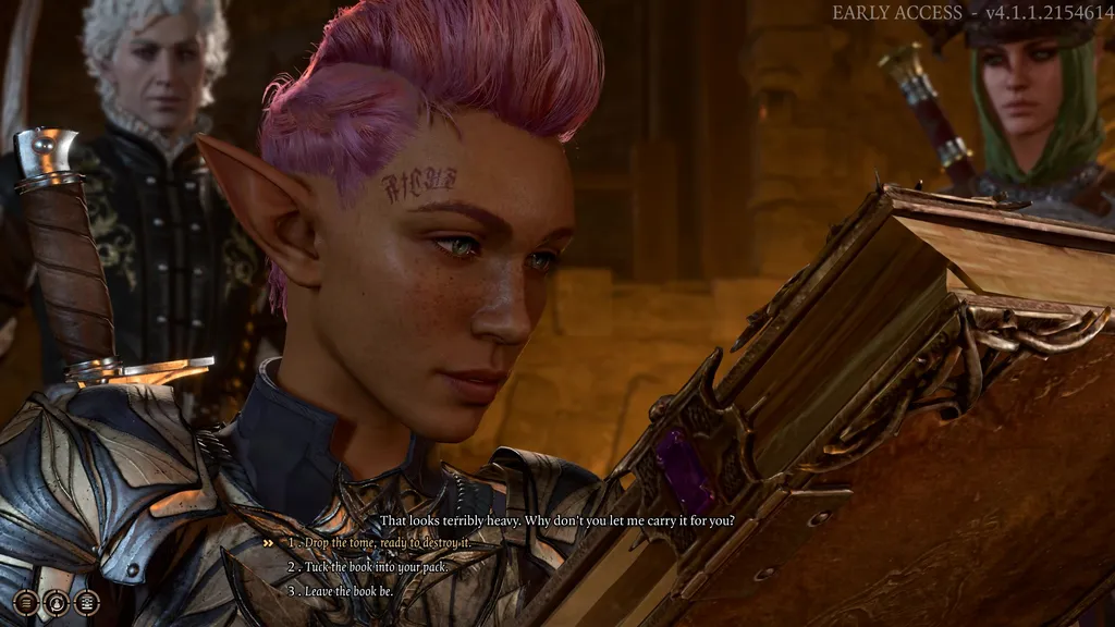 En gnom vurderer valget mellom å ødelegge eller lese Necromancy of Thay i Baldur&rsquo;s Gate 3.