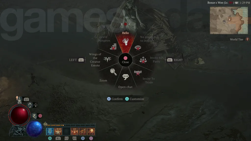 A Hello emote végrehajtása a Diablo 4 Traveler&rsquo;s Superstition küldetés teljesítéséhez.