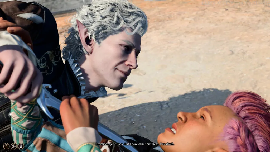 Astarion holder en kniv mot en karakters hals i Baldur&rsquo;s Gate 3.