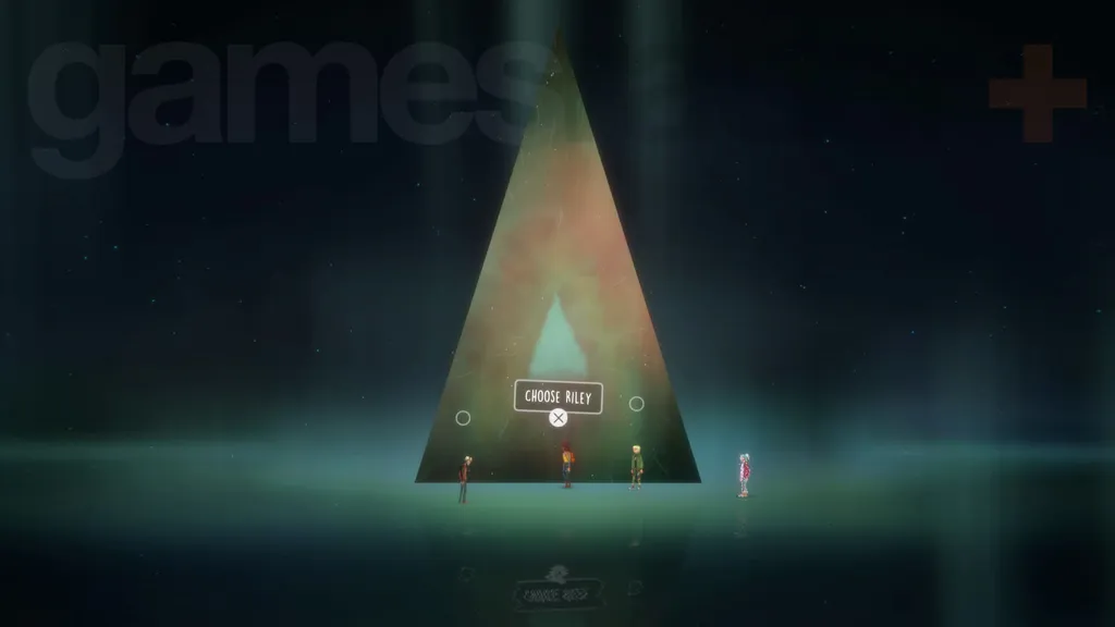 Den endelige avgjørelsen i Oxenfree 2 med Riley, Alex, Olivia og Jacob ved portalen.