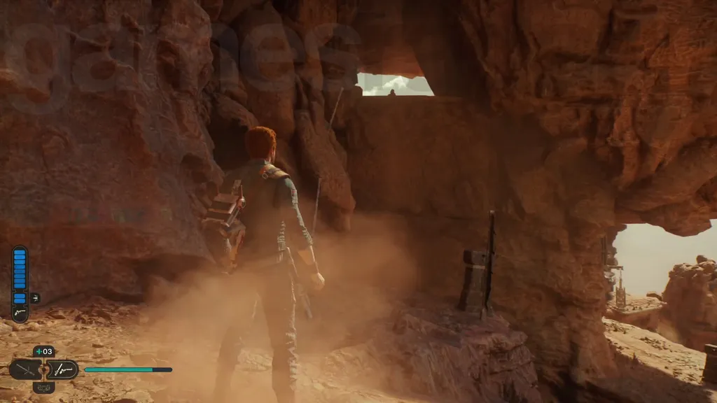 Star Wars Jedi Survivor Jedha walkthrough Cal ser på den øvre avsatsen i nærheten av vindgapet