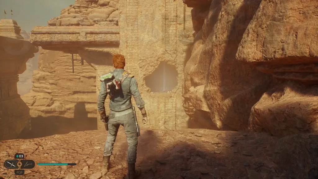 Star Wars Jedi Survivor Jedha gjennomgang Cal ser på meditasjonspunktet gjennom hullet i veggen