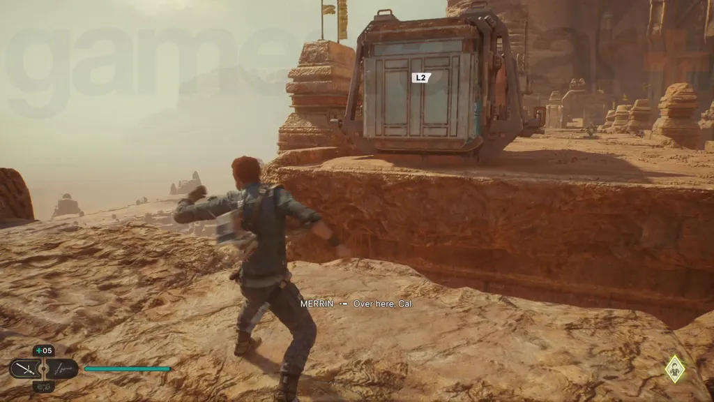 Star Wars Jedi Survivor Jedha gjennomgang Cal trekker i metallblokken på broen med Force