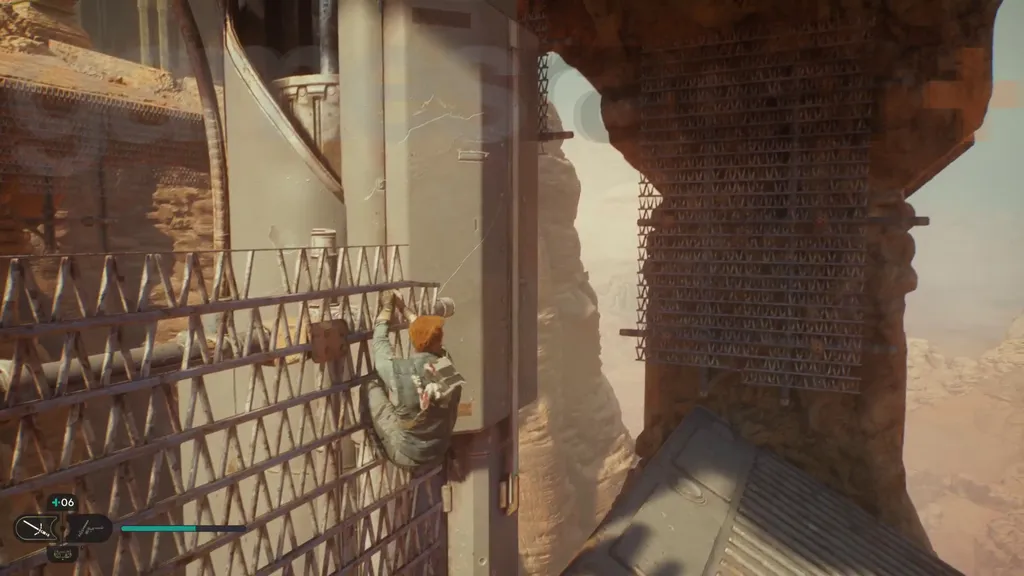 Star Wars Jedi Survivor Jedha gjennomgang Cal klatrer opp på en rist