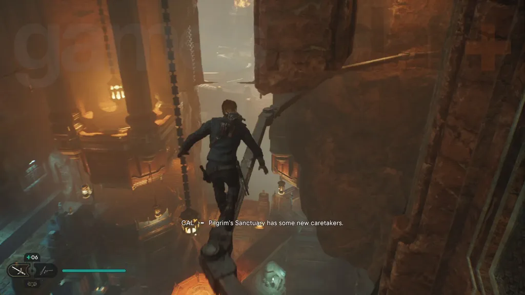 Star Wars Jedi Survivor Jedha walkthrough Cal går på en metallstang over et stort rom med stormtropper