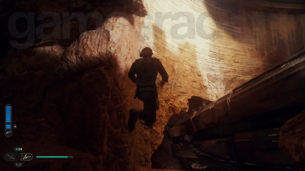Star Wars Jedi Survivor Jedha walkthrough Cal hopper over en av boredroidens ben