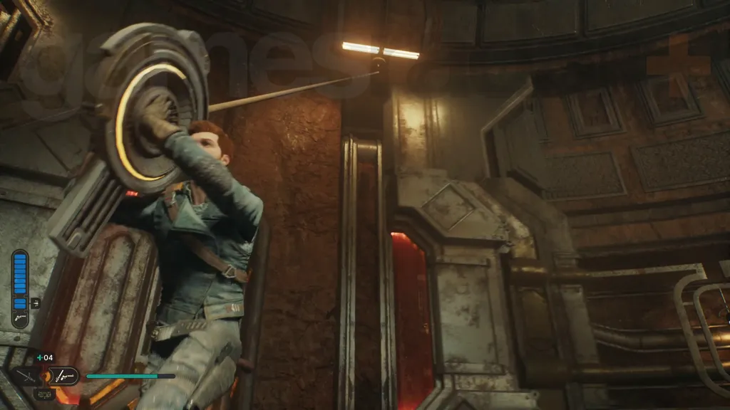 Star Wars Jedi Survivor Jedha gjennomgang Cal trekker i kabelen når dørpanelet beveger seg på plass