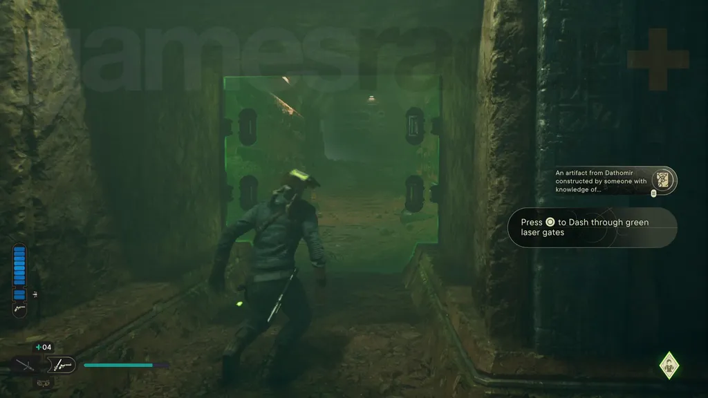 Star Wars Jedi Survivor Jedha walkthrough Cal forbereder seg på å løpe gjennom en grønn laserbarriere