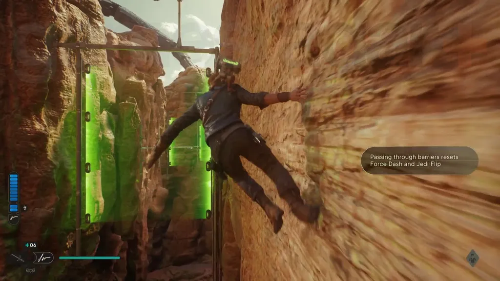 Star Wars Jedi Survivor Jedha walkthrough Cal løper fra veggen mot grønne laserbarrierer