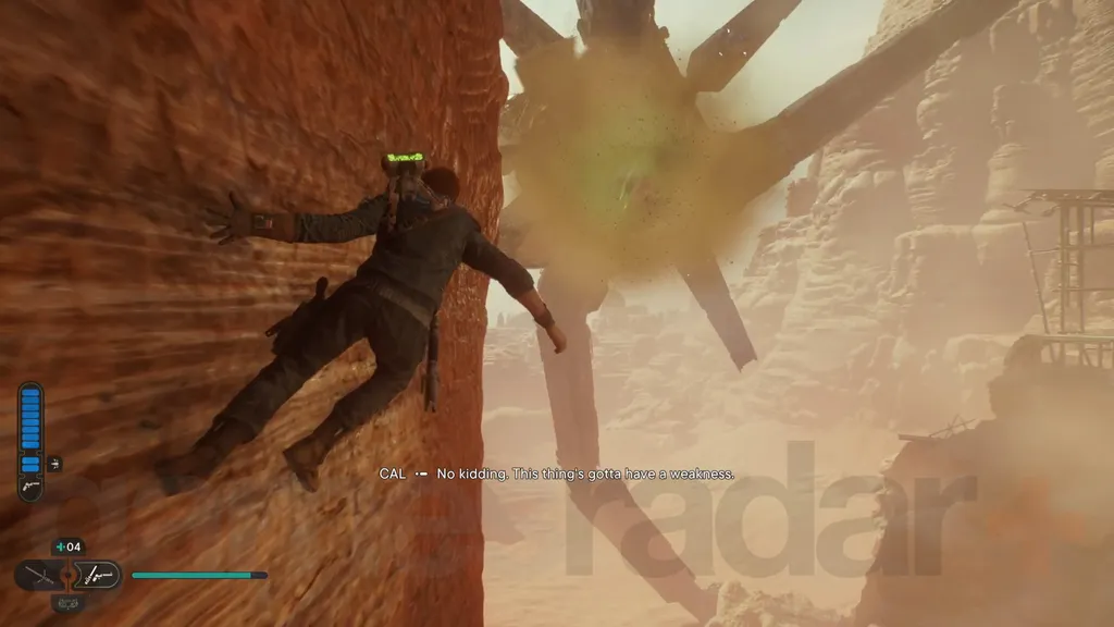 Star Wars Jedi Survivor Jedha walkthrough Cal løper mot en grønn portal foran en massiv boredroide