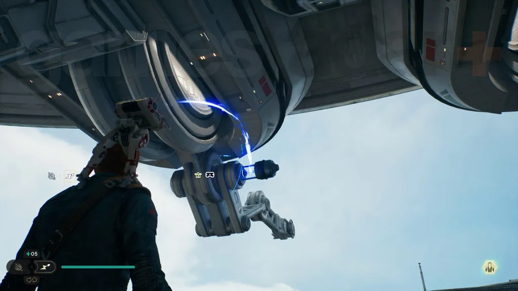 Star Wars Jedi Survivor Jedha walkthrough Cal holder i en kabel for å åpne en port som skjuler en kube.