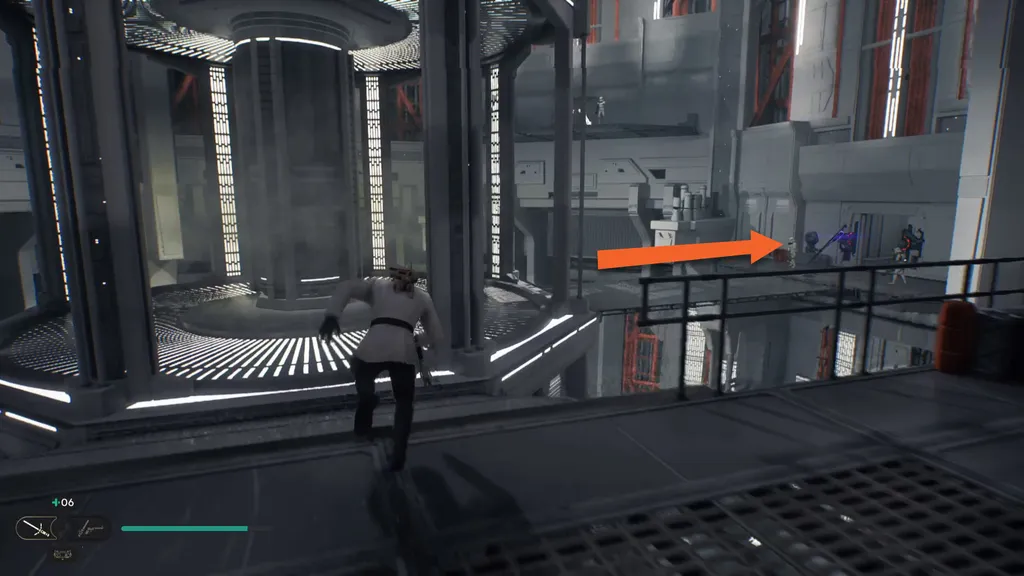 Star Wars Jedi Survivor Jedha gjennomgang Cal klatrer opp en vegg i en stor hall