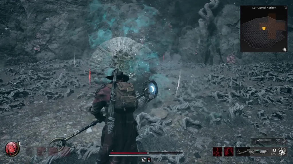 Remnant 2 bruker drømmefangerstaven på liket av rotkreaturet med virvlende blå tåke