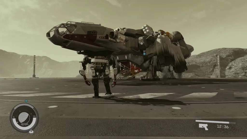 Ich und Vasco auf dem Weg zu unserem Schiff, der Frontier, in Starfield