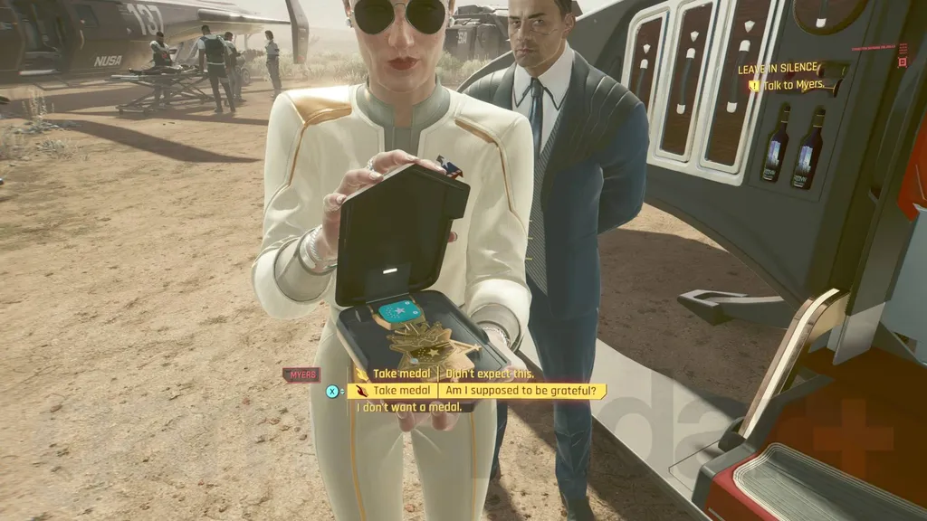 Cyberpunk 2077 Phantom Liberty avslutninger president Myers gir V en medalje
