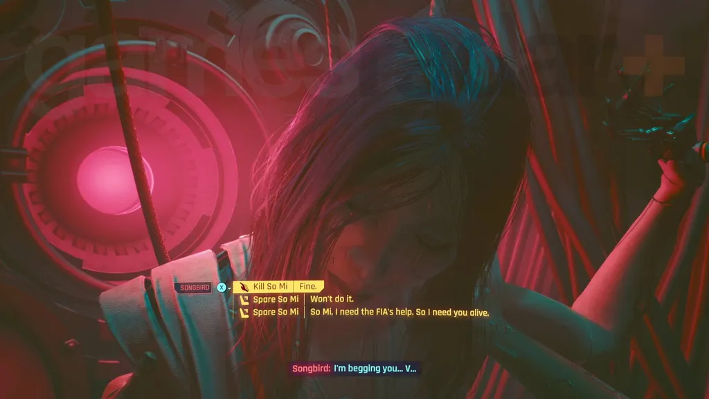 Cyberpunk 2077 Phantom Liberty siste valg skåner eller dreper Songbird i Cynosure-bunkerkjernen
