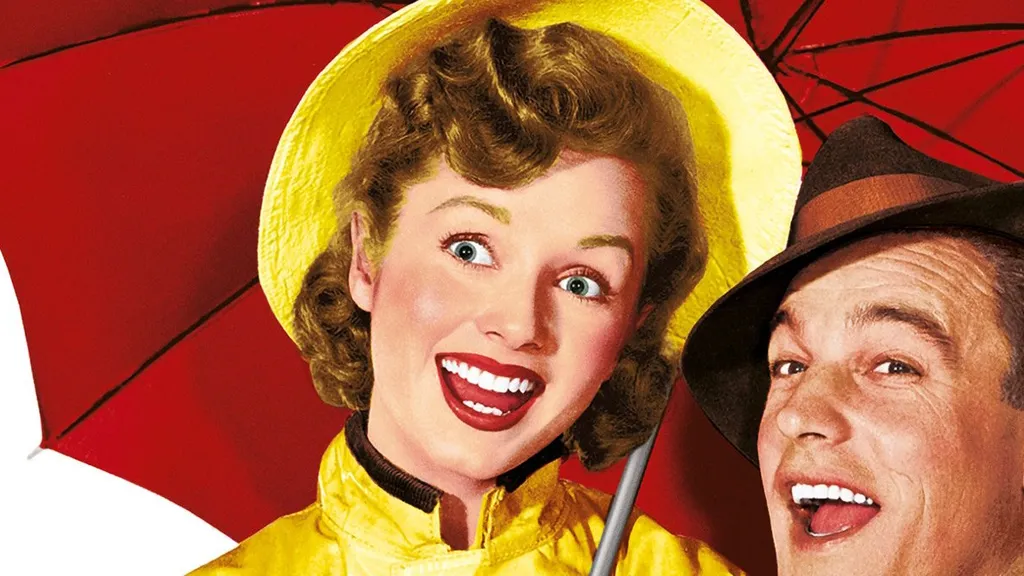 Debbie Reynolds énekel az Ének az esőben című film reklámfotóján.