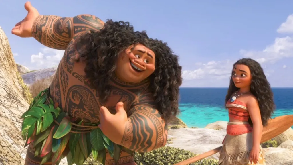 A varázslatos félisten Maui énekel Moanának egy napsütötte tengerparton