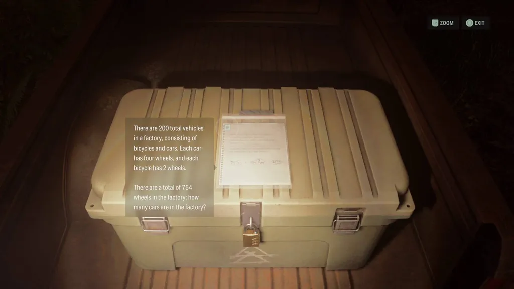 Alan Wake 2 bil- og sykkelkultgjemmested med notat som forklarer algebragåten