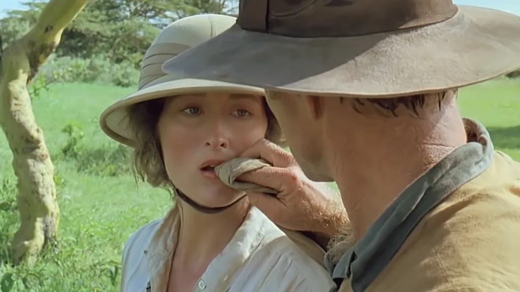 Robert Redford megtörli Meryl Streep száját egy afrikai szavannán az Out of Africa című filmben.
