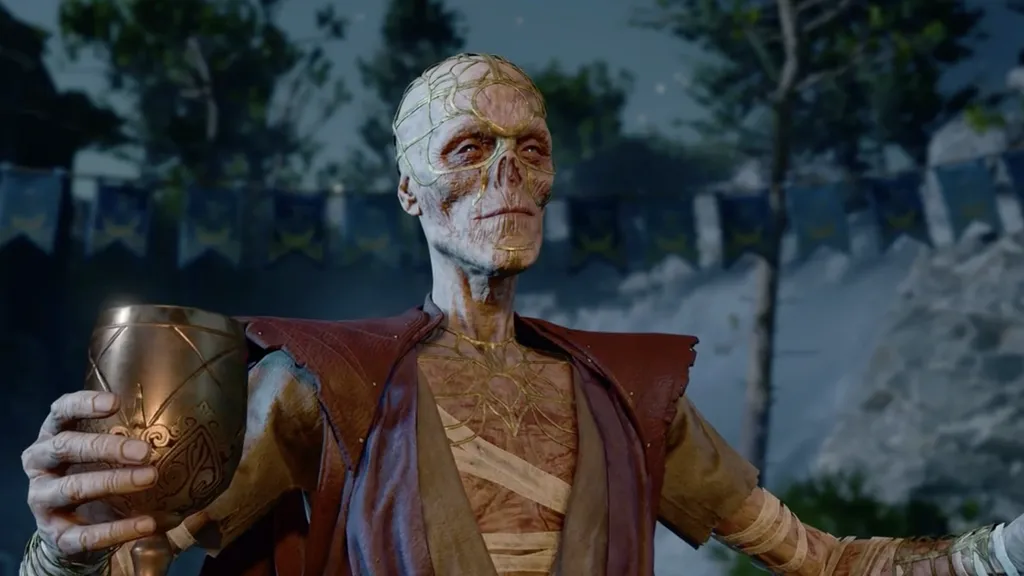 En Baldur&rsquo;s Gate 3-figur holder et gullbeger.