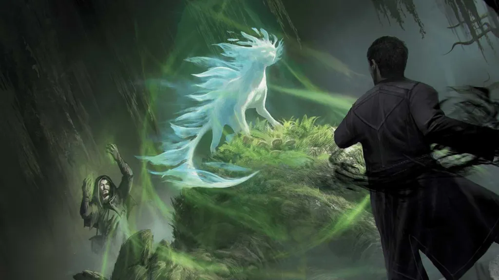 En DnD-druide kaster en magisk skapning i en mørk grotte foran en humanoid som bruker svart magi.