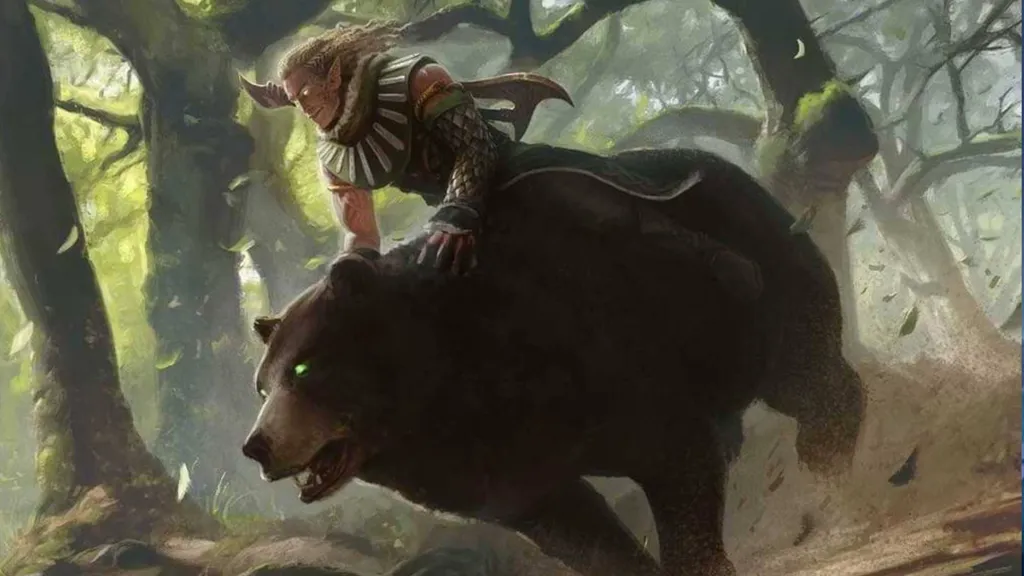 En DnD-druide rir på en bjørn gjennom en skog, og begge har glødende grønne øyne.