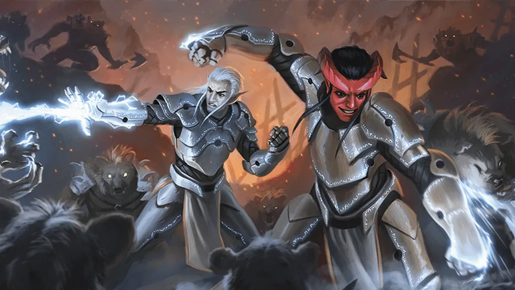 To Artificers kjemper mot Gnolls med magisk rustning