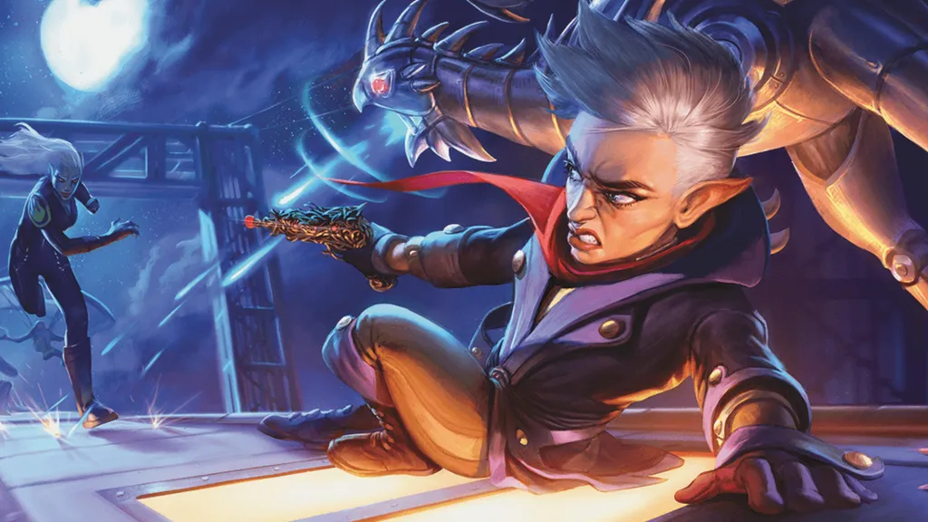 En DnD Artificer avfyrer en magisk pistol mens han ligger på et tog, med en mekanisk konstruksjon stående over seg.