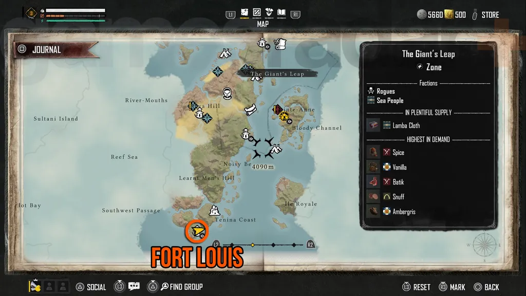 Kart som viser plasseringen av Skull and Bones Relics of the Past Fort Louis Sea People Relics