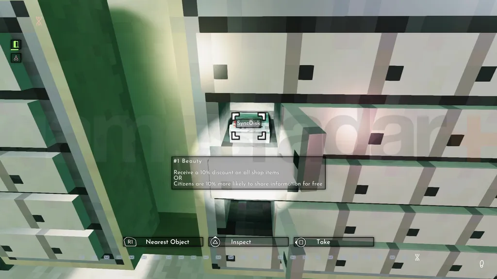 En spiller finner en SyncDisk Shadows of Doubt som de kan bruke til oppgraderinger