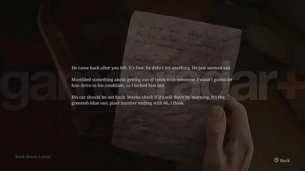 Silent Hill 2 grønnaktig blå bil lapp