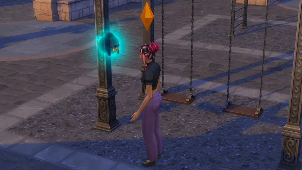 Freddy el Espectro se encuentra en el patio de recreo en Los Sims 4