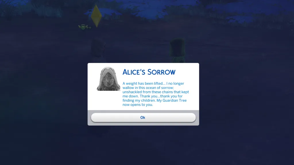 Un cuadro de diálogo de la misión Alice&rsquo;s Sorrow en Los Sims 4