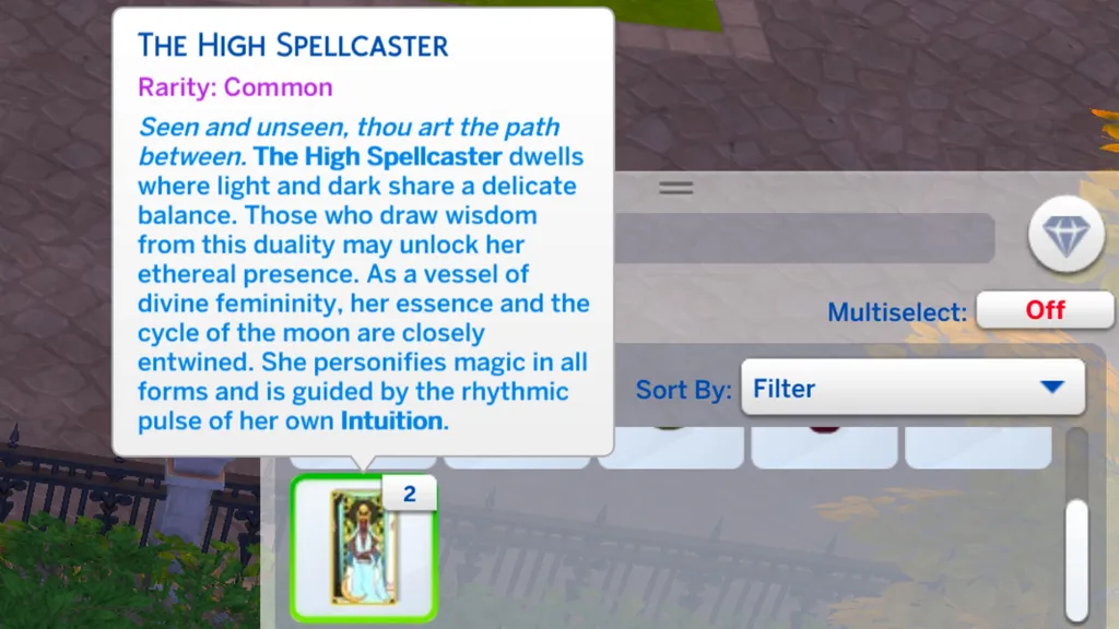 Un inventario que muestra una colección de cartas de tarot en Los Sims 4