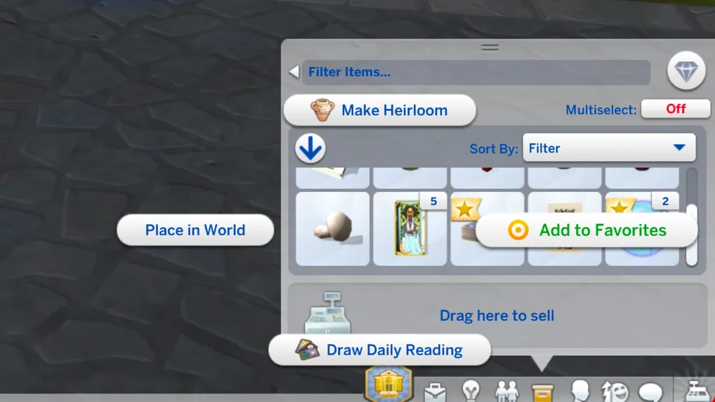 Un inventario que muestra cómo hacer una lectura de tarot en Los Sims 4