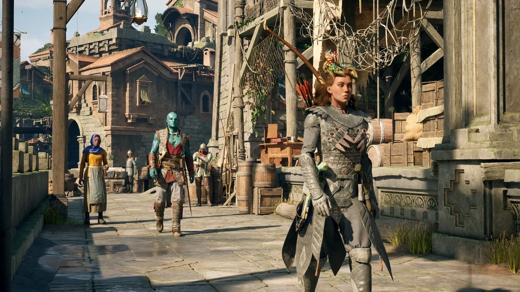 Avowed-Screenshot des Spielercharakters, der in Begleitung seines Begleiters Kai durch eine Stadt läuft